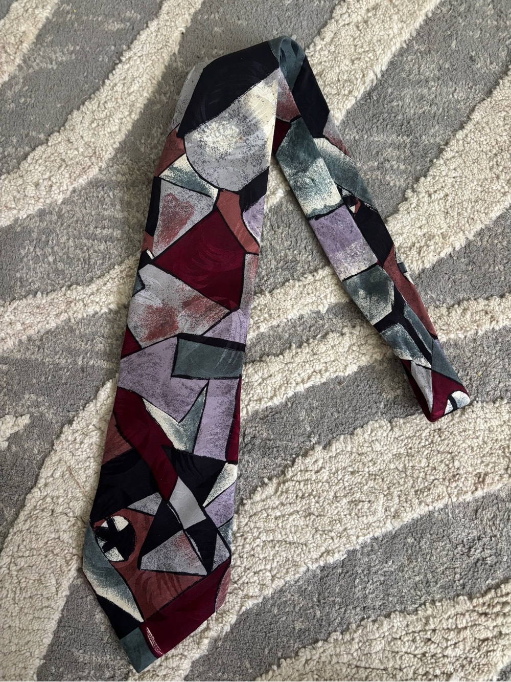 Mario Valentino Geometric Silk Tie in Burgundy, Black, Gray and Green